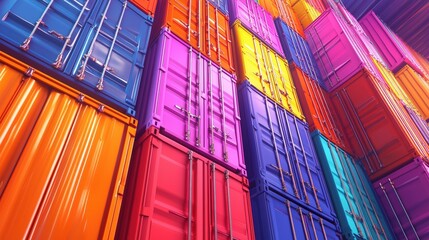 A vibrant stack of colorful shipping containers, showcasing a mix of bright hues against a dynamic backdrop.cargo management warehouse scheduling