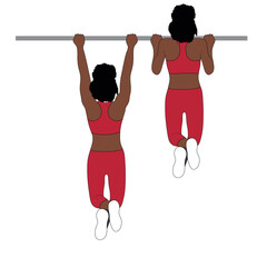 A Black African woman in red clothing doing pull ups exercise using dumbbells. Flat vector illustration isolated on white background