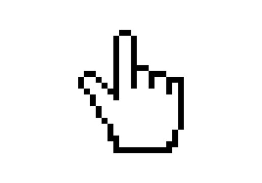 A classic pixelated hand cursor pointing to the right, displayed in black and white.