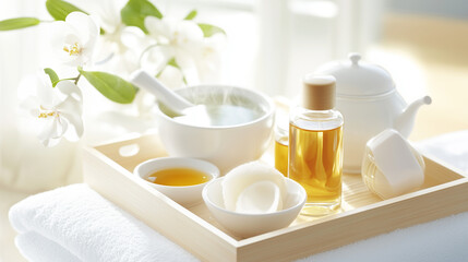 Serene Foot Spa Experience: Luxurious Tray of Oils, Scrubs, and Steaming Water for Pampering and Relaxation