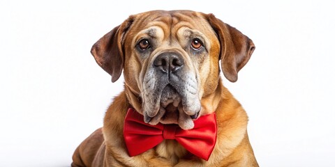 Obraz premium Senior Dog Red Bow Tie, Adorable Elderly Canine Portrait, White Background