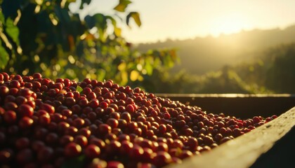 Fototapeta premium Red Coffee Berries in Wooden Crate at Sunrise on Plantation