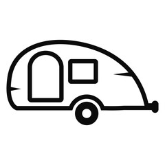 Detailed Line Art Icon of a Teardrop Trailer with Black and White Arched Door Camper