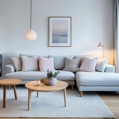 Modern living room shows a sofa with a lamp