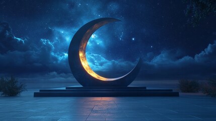 Obraz premium Podium in the shape of a crescent moon under a night sky 