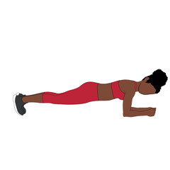 Black Female Character performing plank exercise in red clothing, abs and obliques exercise