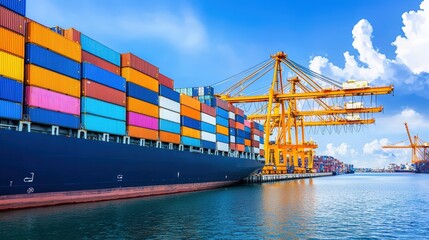 Naklejka premium A vibrant cargo ship docked at a port, surrounded by colorful shipping containers and cranes against a blue sky with fluffy clouds.cargo management warehouse scheduling