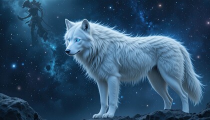 Obraz premium A magnificent white wolf with blue eyes that glows while standing in a cosmic galaxy