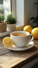 Warm Cozy Lemon Tea Cup Morning Sunlight Window