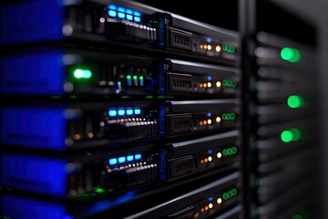 Naklejka premium Server Rack Glowing in Dark Data Center Room