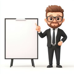 A cartoon businessman stands beside a blank presentation board, pointing and ready to present ideas or concepts.