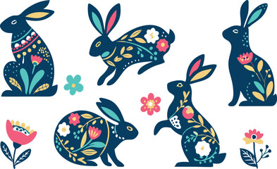 Happy Easter, decorated easter card, banner. Bunnies, Easter eggs, flowers and basket. Folk style patterned design.
