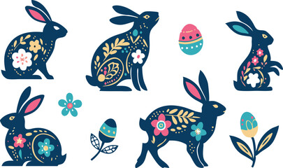 Happy Easter, decorated easter card, banner. Bunnies, Easter eggs, flowers and basket. Folk style patterned design.
