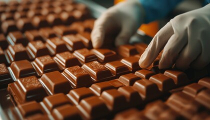 Gloved hands arrange chocolate bars on factory line
