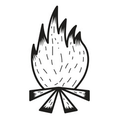 Detailed Campfire Line Art Icon with Jagged Flames and Star-Pattern Logs