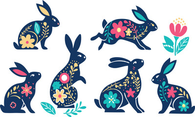 Happy Easter, decorated easter card, banner. Bunnies, Easter eggs, flowers and basket. Folk style patterned design.
