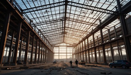 A massive steel-framed industrial facility is being constructed