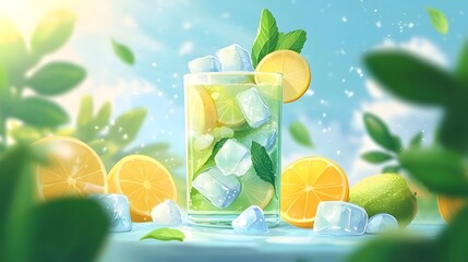 A cool summer scene created by light blue ice cubes