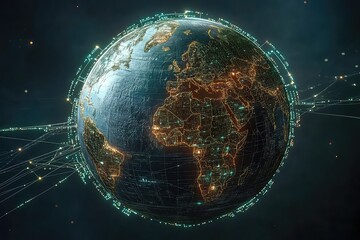 A rotating 3D futuristic earth map with a technology-inspired interface, connected by glowing network lines.