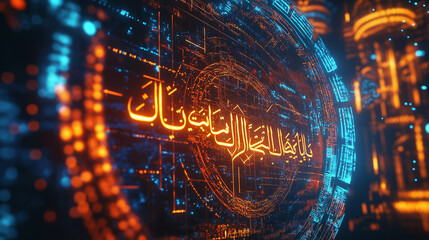 Abstract Digital Arabic Calligraphy Futuristic Design Orange Blue Glow Technology Background Modern Elegant Islamic Art Digital Illustration High Resolution Graphic Vibrant Colors Intricate Pattern   