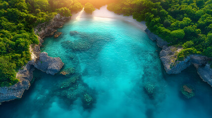 An awe-inspiring aerial photography of a tropical island with a beach of smooth coral stones, the bright sunlight enhancing the vibrant colors of the water and surrounding vegetation.