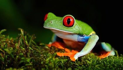 Nighttime Encounter with a Mesmerizing Forest Amphibian Vibrant Green Frog Illuminated in the Shadowy Woods at Twilight, Perfect for Artwork, Home Decor, or Inspiration.
