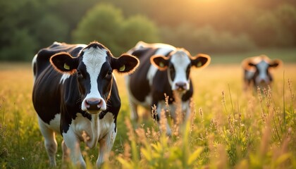Holstein cows graze in meadow during golden hour. Cattle with black and white spots stand in farmland field with green grass and blue sky in background, summer day. Dairy farm concept.