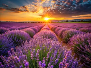 Fototapeta premium Serene Lavender Field at Sunset: Beautiful Purple Flowers in Summer