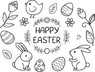 Easter set with simple lettering, bunnies, birds, eggs, flowers and twigs