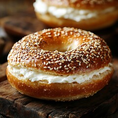 Fresh Sesame Bagel with Creamy Cheese on Rustic Wooden Board