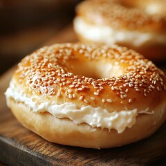 Fresh Sesame Bagel with Creamy Cheese on Rustic Wooden Board