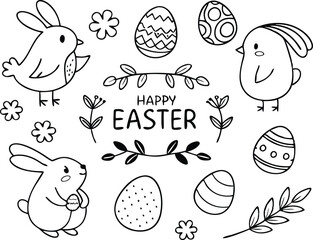 Cute kawaii bunny is hugging a decorated Easter egg cartoon character on flower background coloring page vector illustration for kids