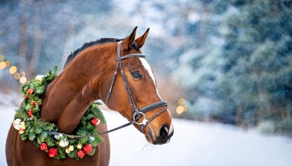 Fototapeta premium Enchanting Winter Bay Horse Basks in Festive Christmas Decorations, Radiating Holiday Magic and Whimsical Charm amidst Snowflakes and Frosty Landscape.