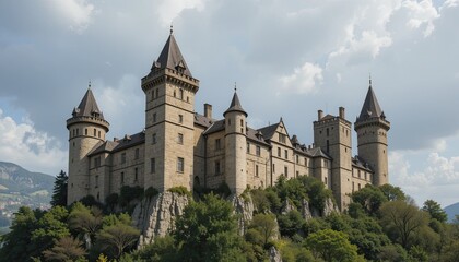 Fototapeta premium An old European castle with stone towers situated atop a hill-