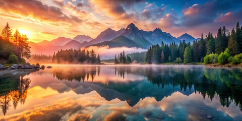 Serene Mountain Lake at Dawn, Misty Landscape Photography