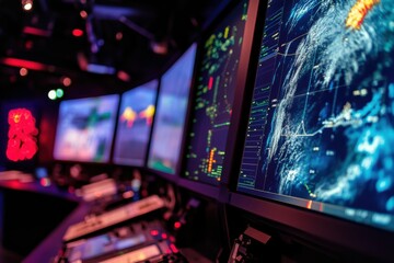 close-up of storm tracking systems and weather radar screens, advanced technology, vibrant lighting, modern and organized atmosphere, precise equipment