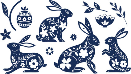 Obraz premium Happy Easter, decorated easter card, banner. Bunnies, Easter eggs, flowers and basket. Folk style patterned design.