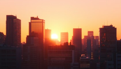 Naklejka premium City skyline at sunrise with glowing orange sky