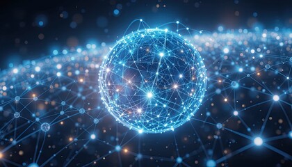 An illuminated globe of linked digital networks drifting over space-