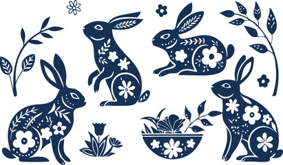 Happy Easter, decorated easter card, banner. Bunnies, Easter eggs, flowers and basket. Folk style patterned design.