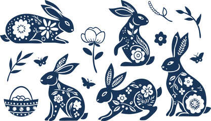 Happy Easter, decorated easter card, banner. Bunnies, Easter eggs, flowers and basket. Folk style patterned design.