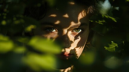 Girl with green eyes peering through leaves in dappled sunlight