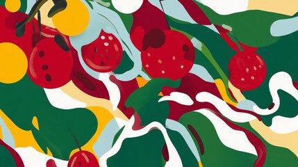 Abstract Fruitful Composition - A Vibrant Display of Colorful Cherries and Leaves
