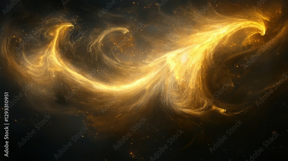 Wall mural golden dust swirling in soft motion, glowing gently against a dark background, creating a mystical a