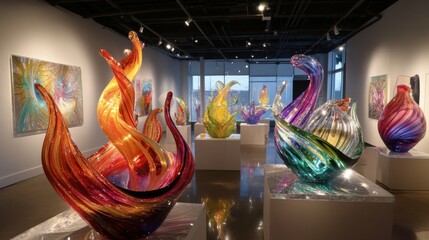 Display of handblown glass sculptures, reflecting vibrant colors and intricate craftsmanship