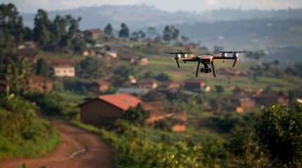 Fototapeta premium Drone Surveying Rural African Village at Dawn