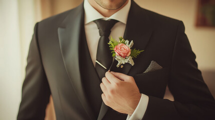 Groom in tailored black suit with boutonniere, looking elegant