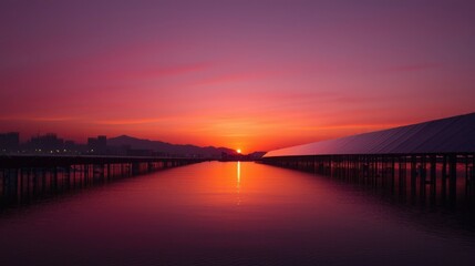 Fototapeta premium Sunrise over water with solar panels and cityscape