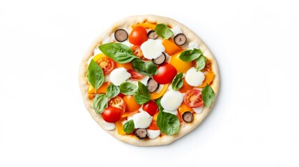 Freshly Made Vegetarian Pizza with Colorful Toppings on White Background