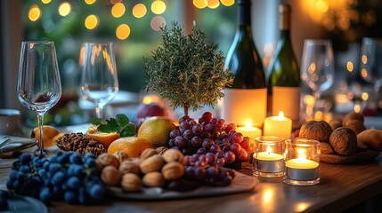 Festive autumnal dining table with fruits, wine, and candles